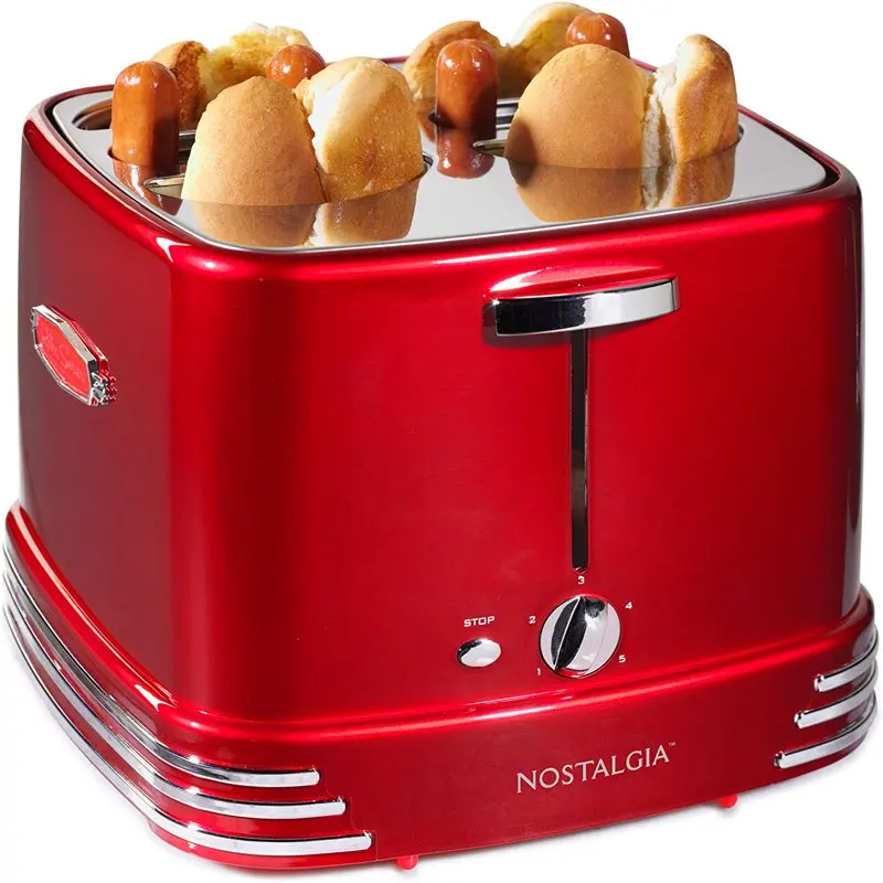 

RHDT800RETRORED Retro Pop-Up Hot Dog Toaster, 4 Link and 4 Bun Capacity with Mini Tongs, Retro Red