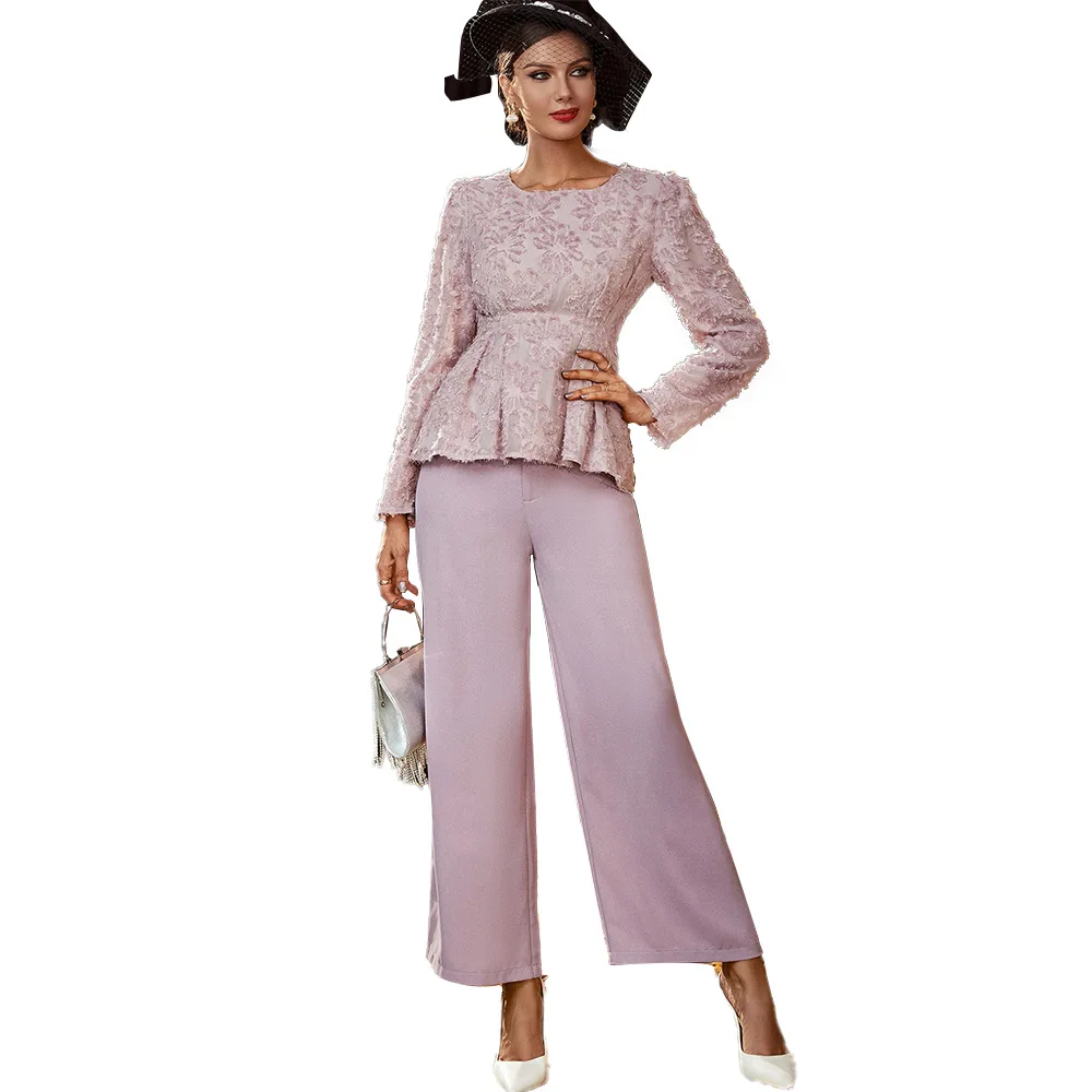 

Fashion Office Lady Pant Sets Women Floral Tops Design Matching Sets Wide Leg Pants Muslim Women Clothes 2 Piece Set Islamic