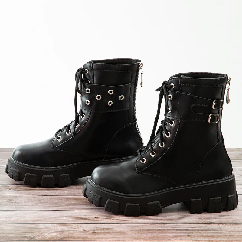 Platform Patent Leather Boots Rivet Women Autumn Punk Motorcycle Boots Block Gothic Thick Sole Shoes Women Mid-Calf Boots