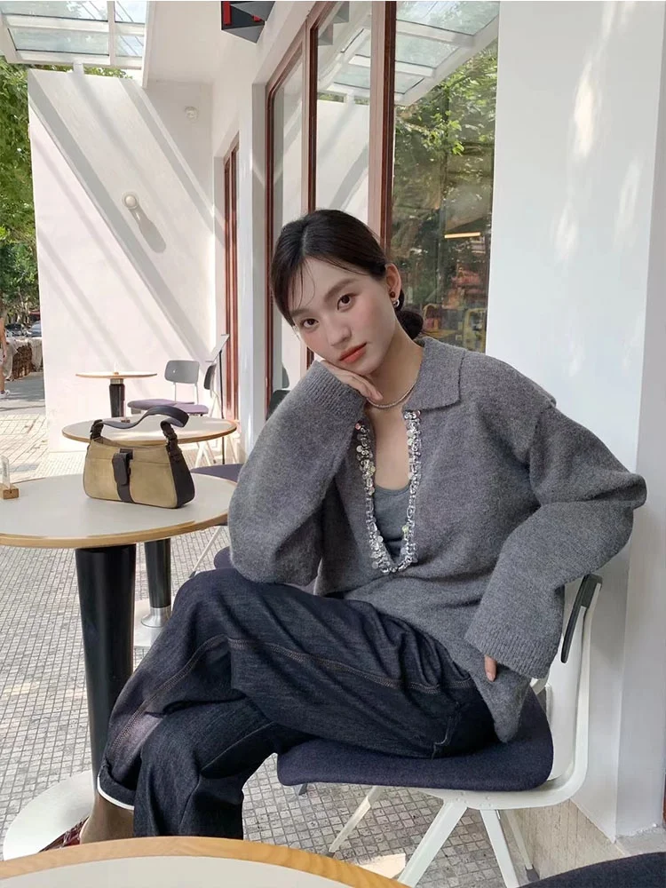 Miu Series Sweater ~ Design French sle Heavy Industry Beads Idle Sle Deep V-neck Knitted Outerwear + Vest Two-piece...