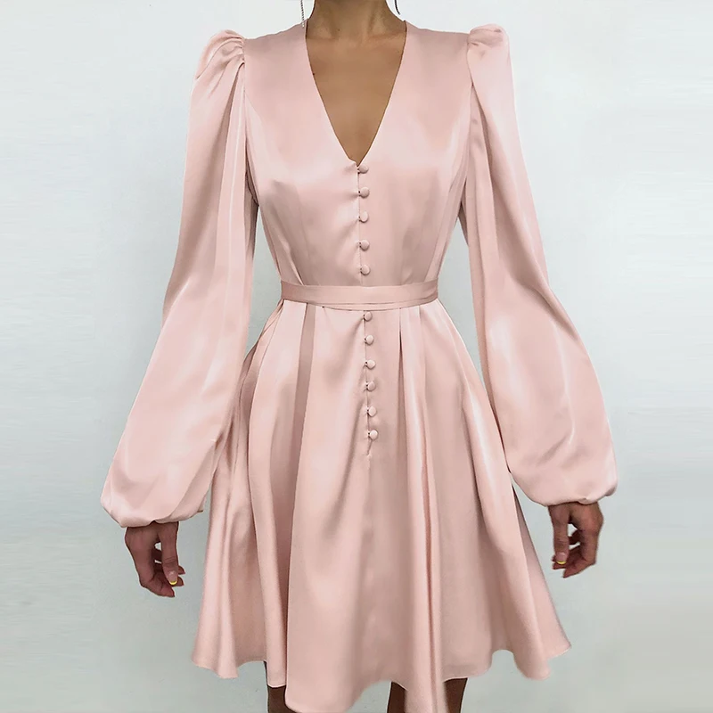 

Spring Fashion Satin Pink Long Sleeve Dress 2021 Elegant Women Button A-Line Mini Dress Casual Loose V-Neck Dress Vestido Party
