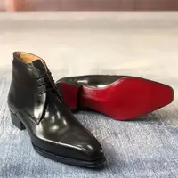 Red Sole Men Ankle Boots Square Toe Lace-up Business Chelsea Boots Men Handmade Black Shoes Men