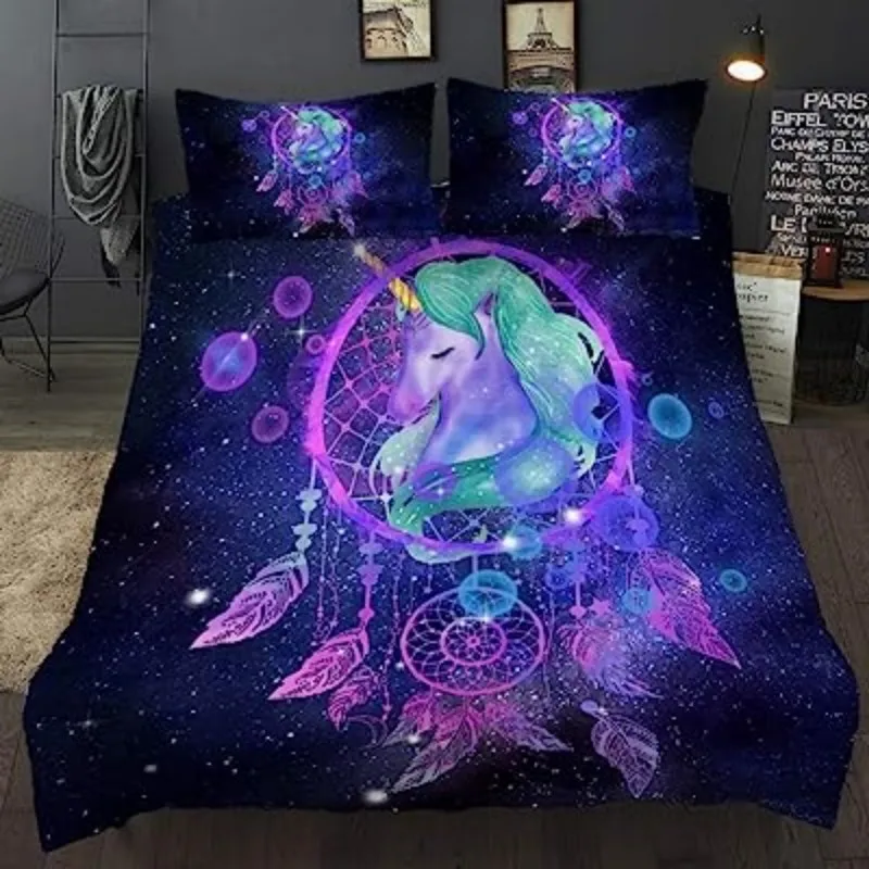 

Unicorn Duvet Cover for Girls Unicorn Duvet Cover Set Blue Galaxy Feather Dream Catcher Cartoon Unicorn Quilt Cover for Girls
