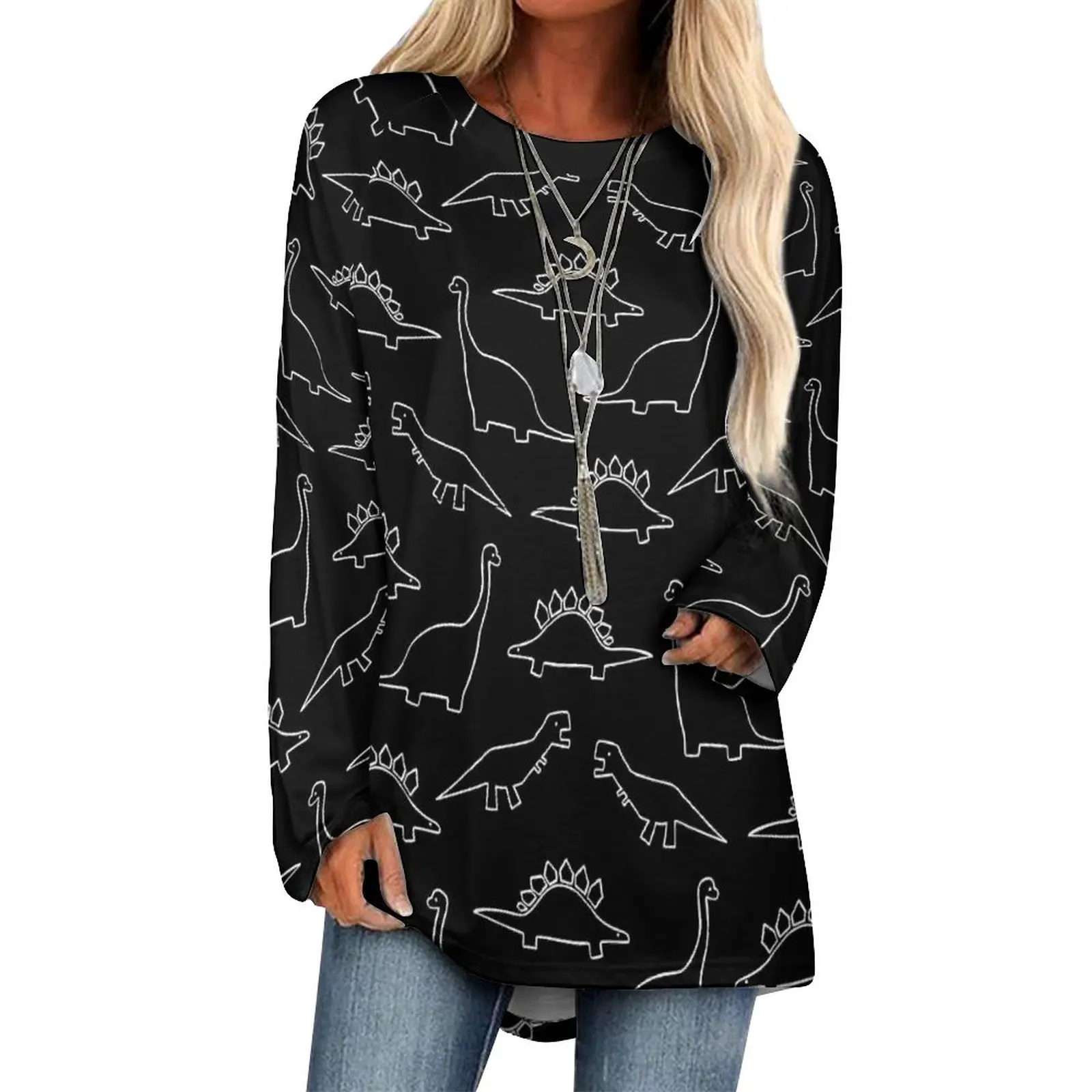 

I Love Dinosaur T Shirts Cute Animal Print Street Style Long Sleeve T Shirt Vintage Custom Tees Ladies Tops Large Size