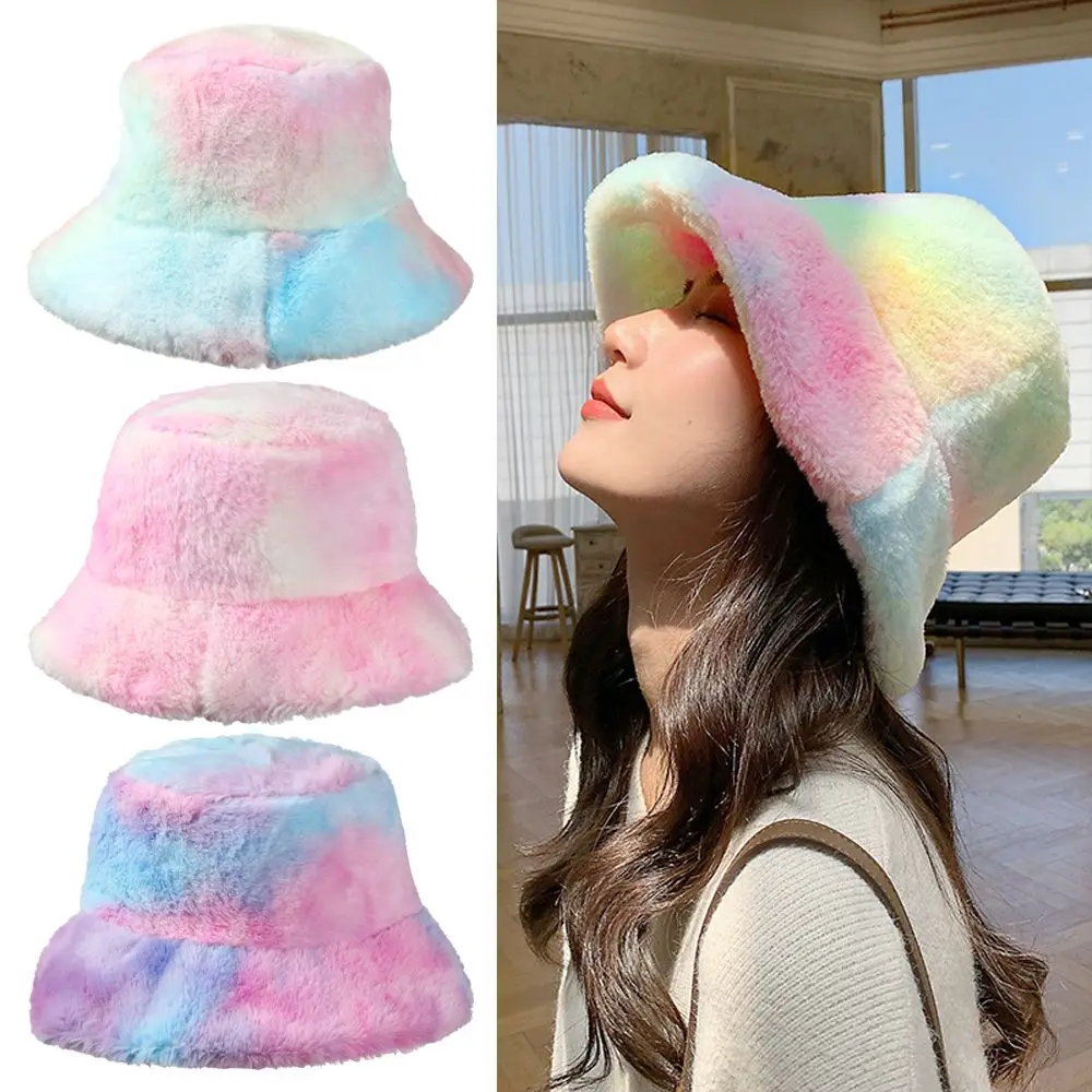 

Soft Women Fashion Warm Winter Hat Fishing Cap Tie-Dye Bucket Hats Faux Fur Cap