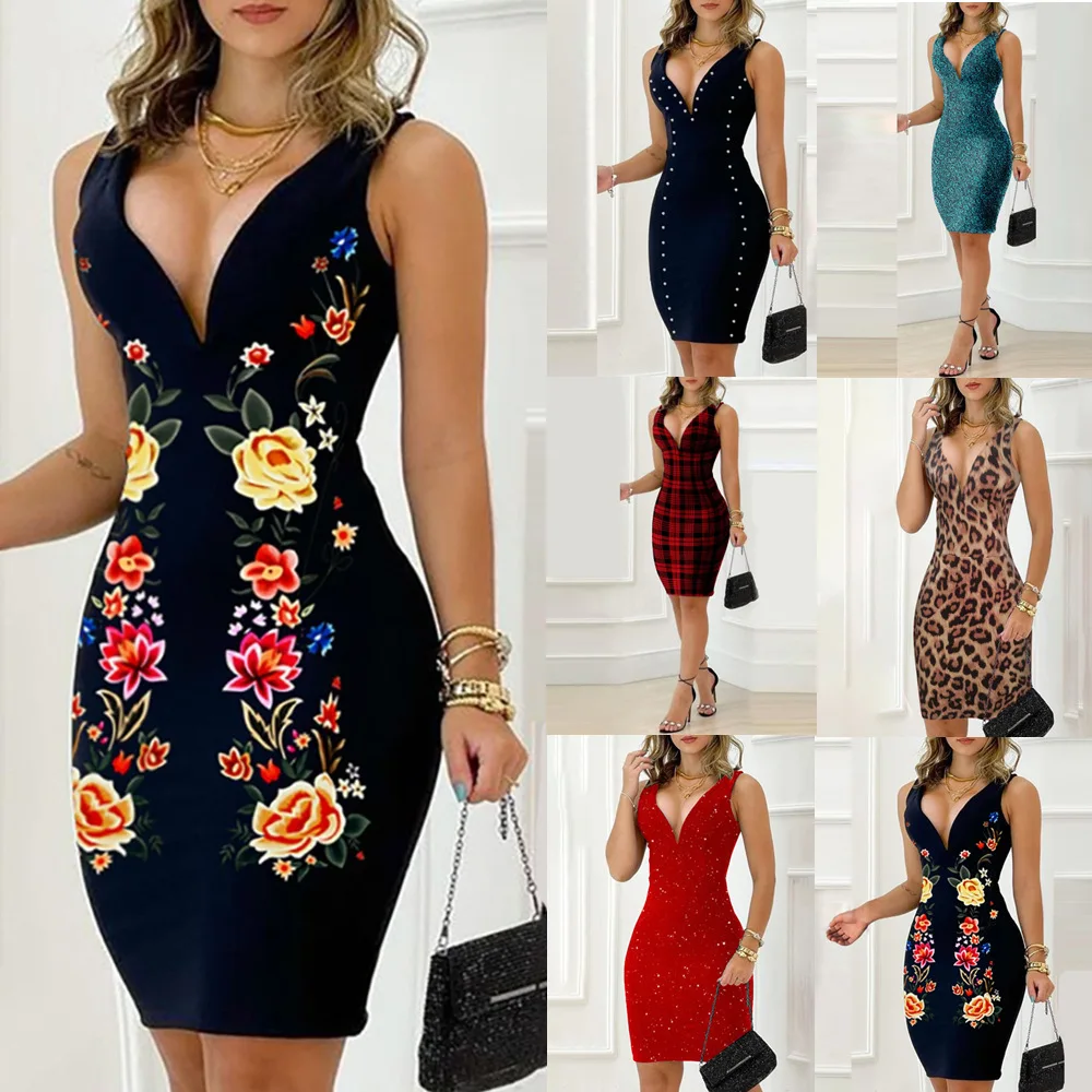 

2022 spring and summer sexy slim short-sleeved V-neck zipper slit dress women