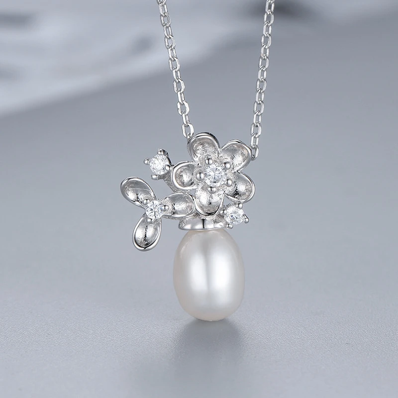 

Genuine 100% 925 Sterling Silver Necklaces Trendy Flower Pearl Pendant Necklace For Women Party Silver 925 Fine Jewelry Gifts