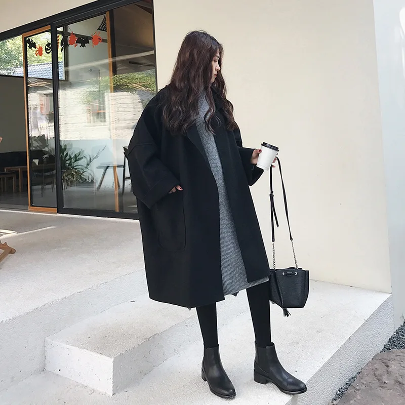 

2023 Elegant Woolen Trench Coat Winter for Women Vintage Windbreakers Jacket Mid-Length Loose Turn-Down Collar Cardigan