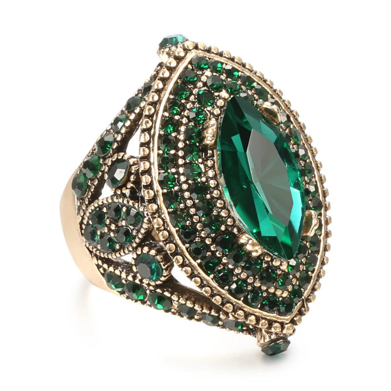 

2023 New Luxury Fashion Antique Ring For Women Vintage Look Green Crystal Boho Jewelry Gold Color Charm Ethnic Wedding Ring Gift