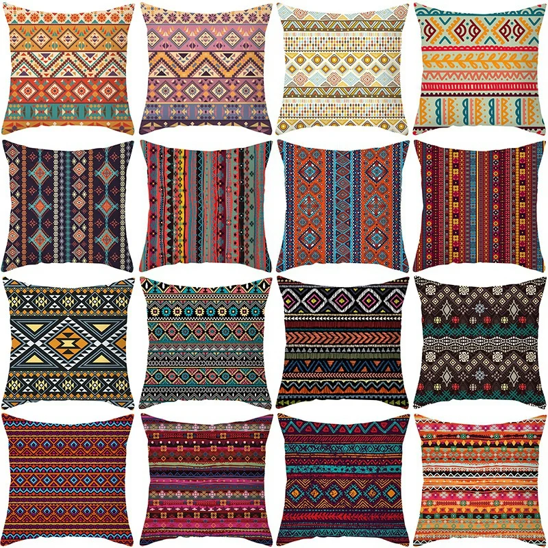 

New Bohemian Colorful Geometric Pattern Peach Skin Pillowcase Ethnic Vintage Throw Pillow Case Home Sofa Office Cushion Pillow