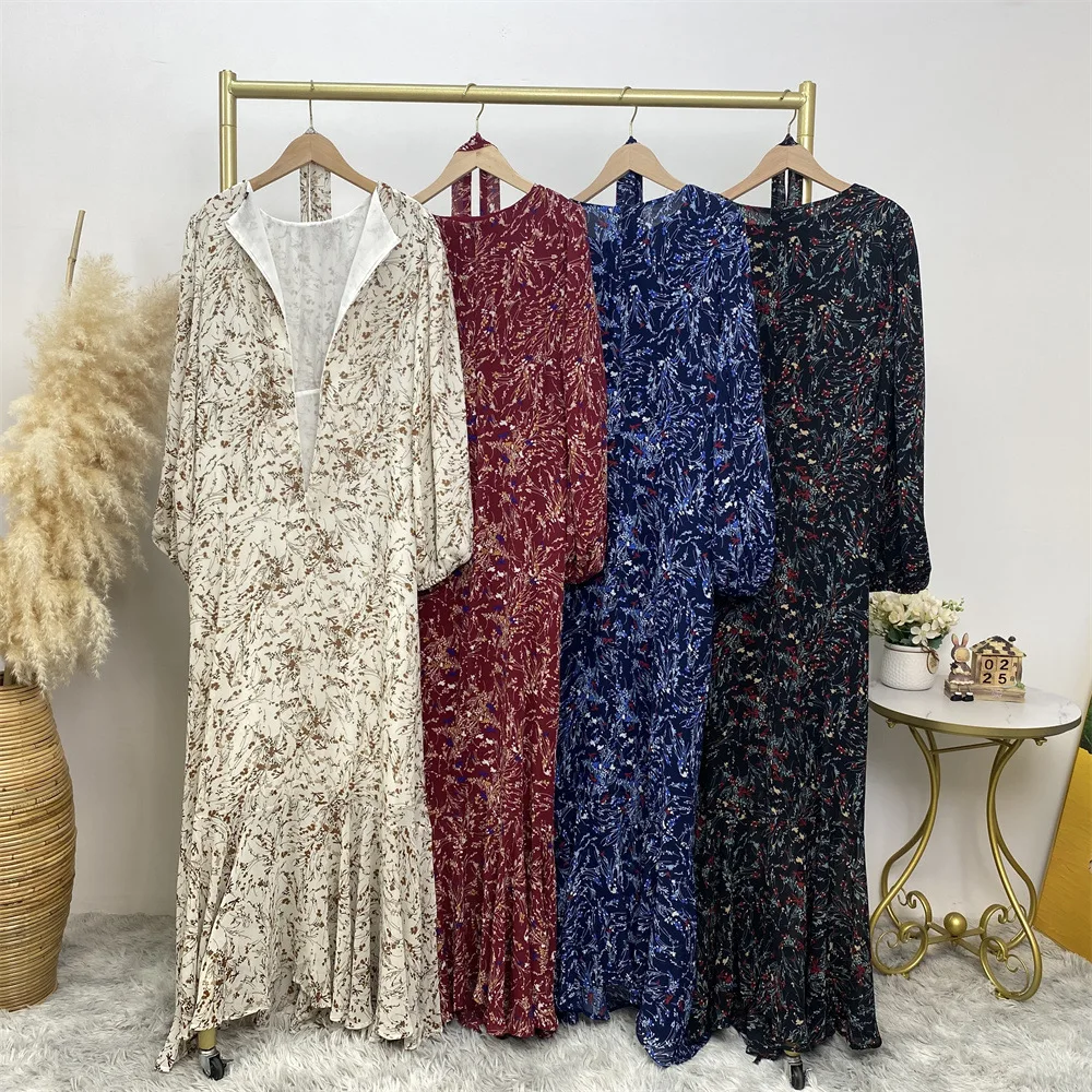 2023 Summer Fashion Elegant Muslim Floral Dress Round Neck Drawstring Print Long Sleeve Holiday Dress Robe Elegante Femme Kaftan