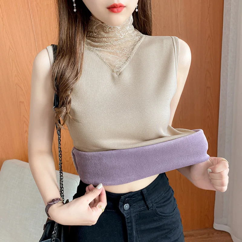 Winter Thermal Underwear for Women Fleece Lined Tops Cami Tank Vest Lace Camisoles Thermal Shirt Inner Wear Thermo Undershirt