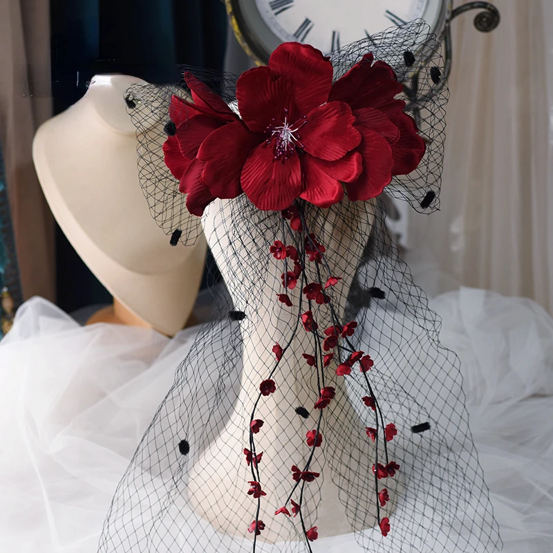 

mesh red flowers top clip hair accessories fashion wedding brides and makeup hairpin headpieces