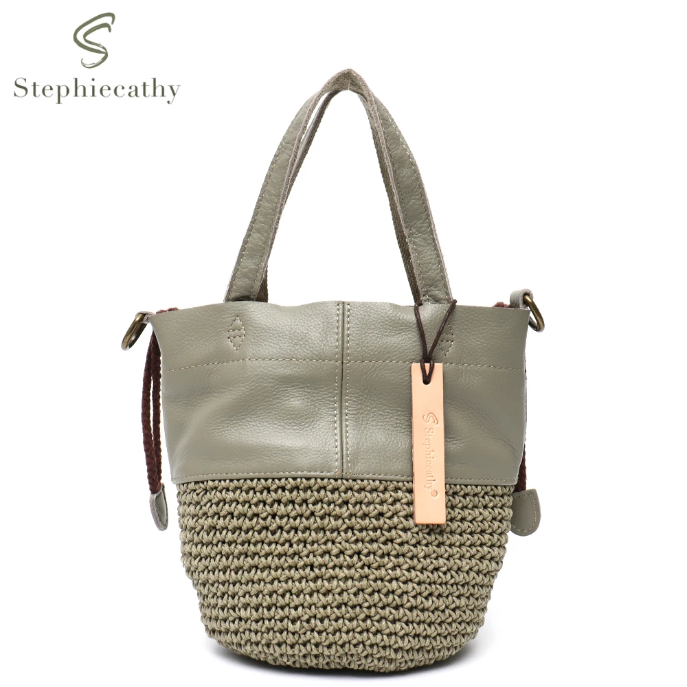 SC Retro Casual Women Real Leather Bucket Woven Cotton Linen Cowhide Patchwork Handbags Crossbody Shoulder Bag Drawstring Purse