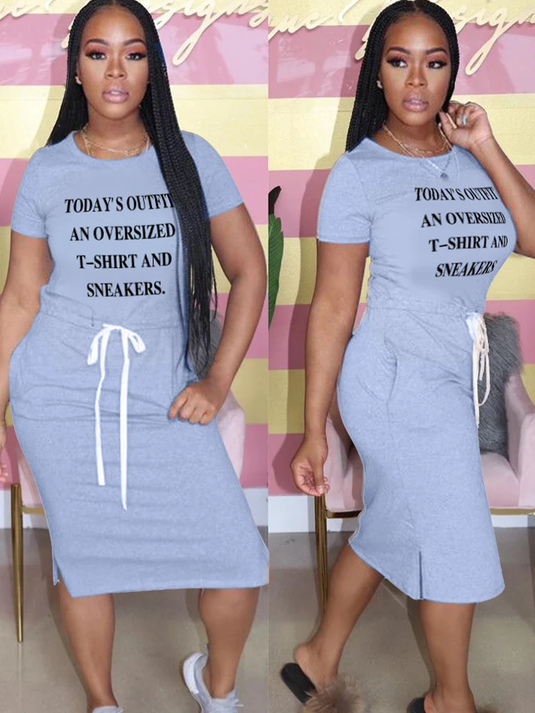 

Casual Letter Print Women's T-shirt Dress Summer Round Neck Short Sleeve Knee Length Robe Streetwear Drawstring Waist Vestidos
