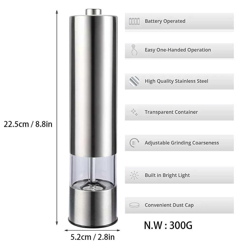 

Stainless Steel Electric Pepper Grinder Portable One-handed operation Spice Grain Mill with Led Light Home Kitchen Grinding Tool