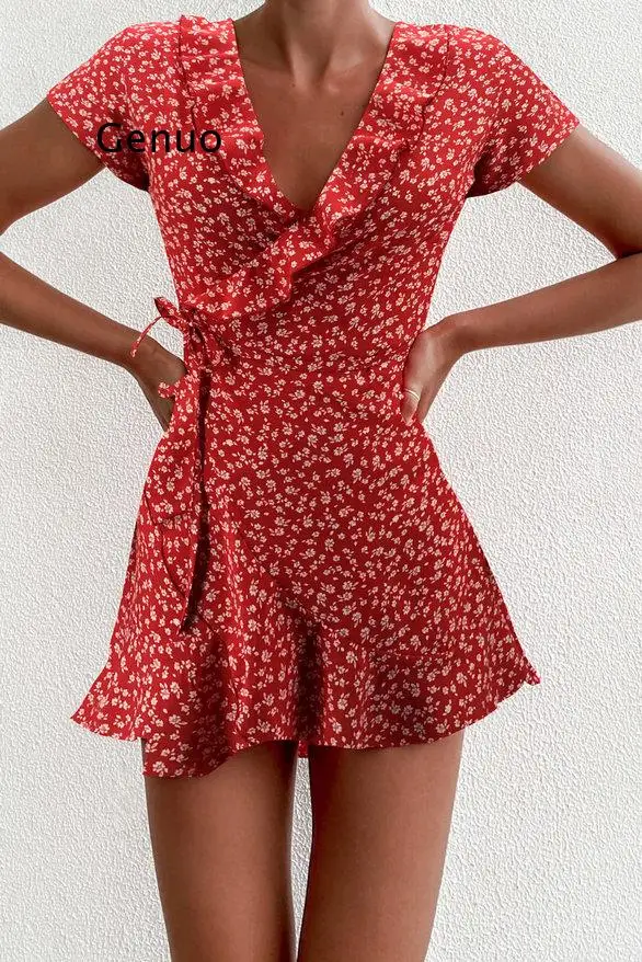 

Summer Womens Floal A-Line Dress Sweet Elegant Floral Ruffles V-neck Bandage Short Dress for Lady Chic Flowers Mini Dress