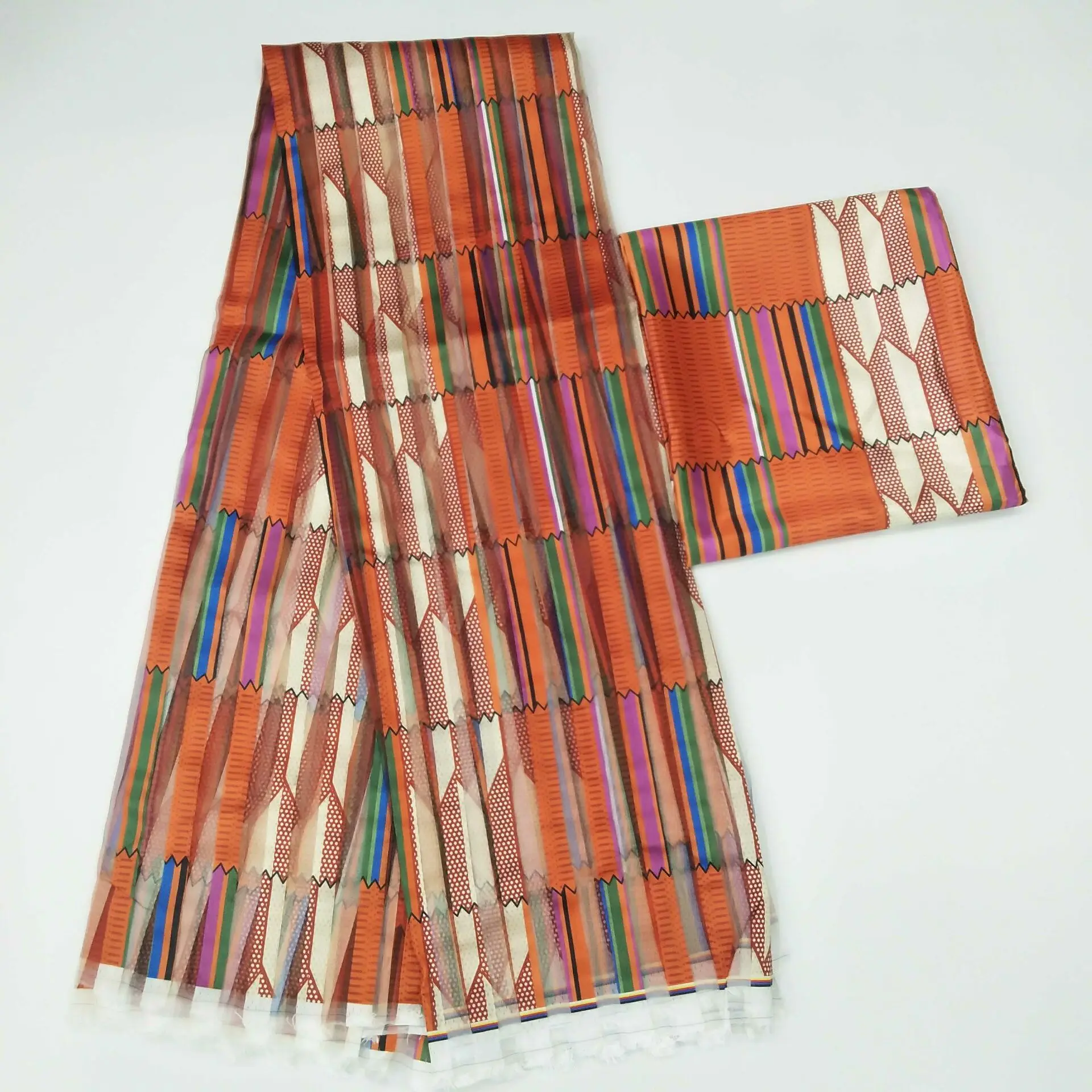 

New Arrival African 3yards Satin Silk Fabric with 3yards Organza Ribbon Fabric Set for Sewing Party Dress P622-3