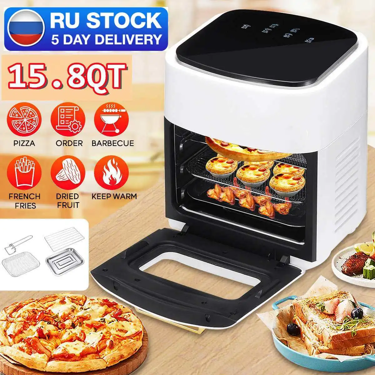 Oven Toaster Rotisserie Dehydrator 1400w Led Touchscreen Chicken Frying Machine 6 In 1 Countertop Oven