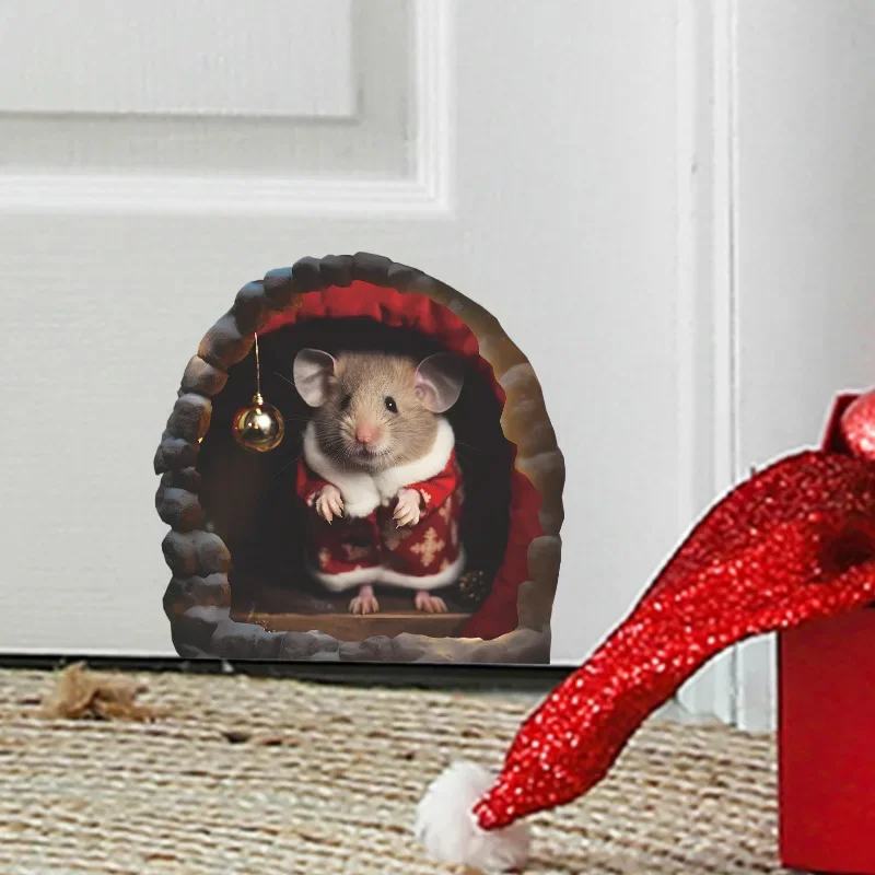 

Мультяшная Рождественская маленькая мышь, отверстие для мыши для детской спальни, домашнее украшение, наклейка на стену, самоклеящаяся