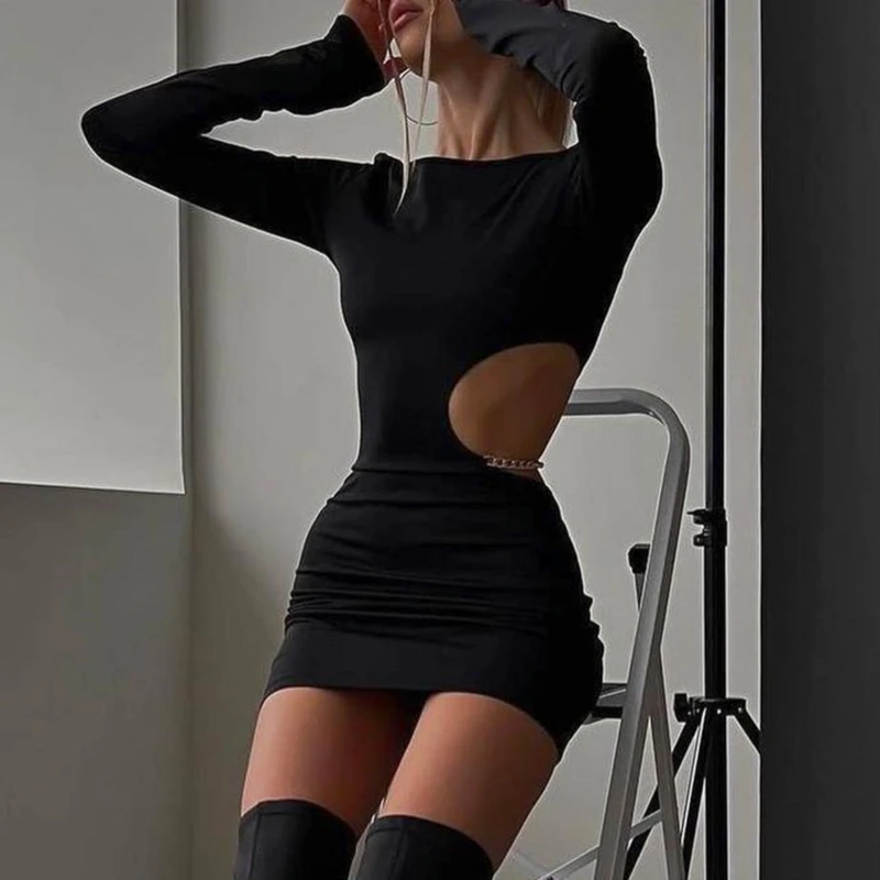 

Сексуальное мини-платье с вырезами на талии, сексуальные черные облегающие платья с длинным рукавом, 2023 элегантные женские фотоплатья