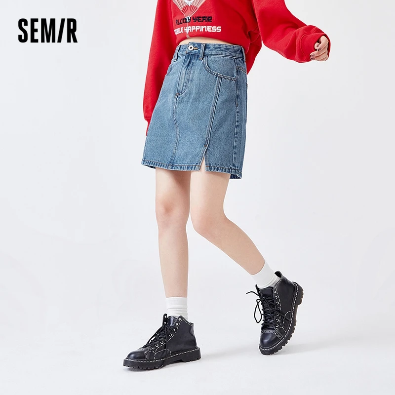 

SEMIR Denim Skirt Women Split A-Line Skirt 2022 Spring New Basic Old Short Skirt Small Hong Kong Style