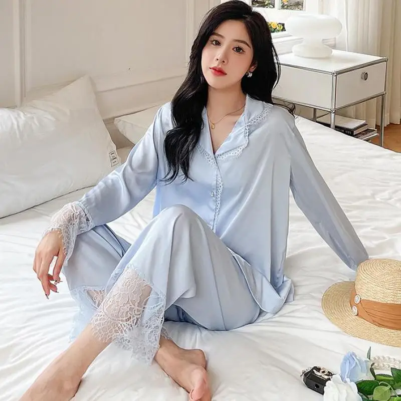 

Lace Pajamas Set Women Casual Sleep Set Satin Sleepwear With Buttons Loose Nightwear Spring Lounge Wear Lapel Lingerie
