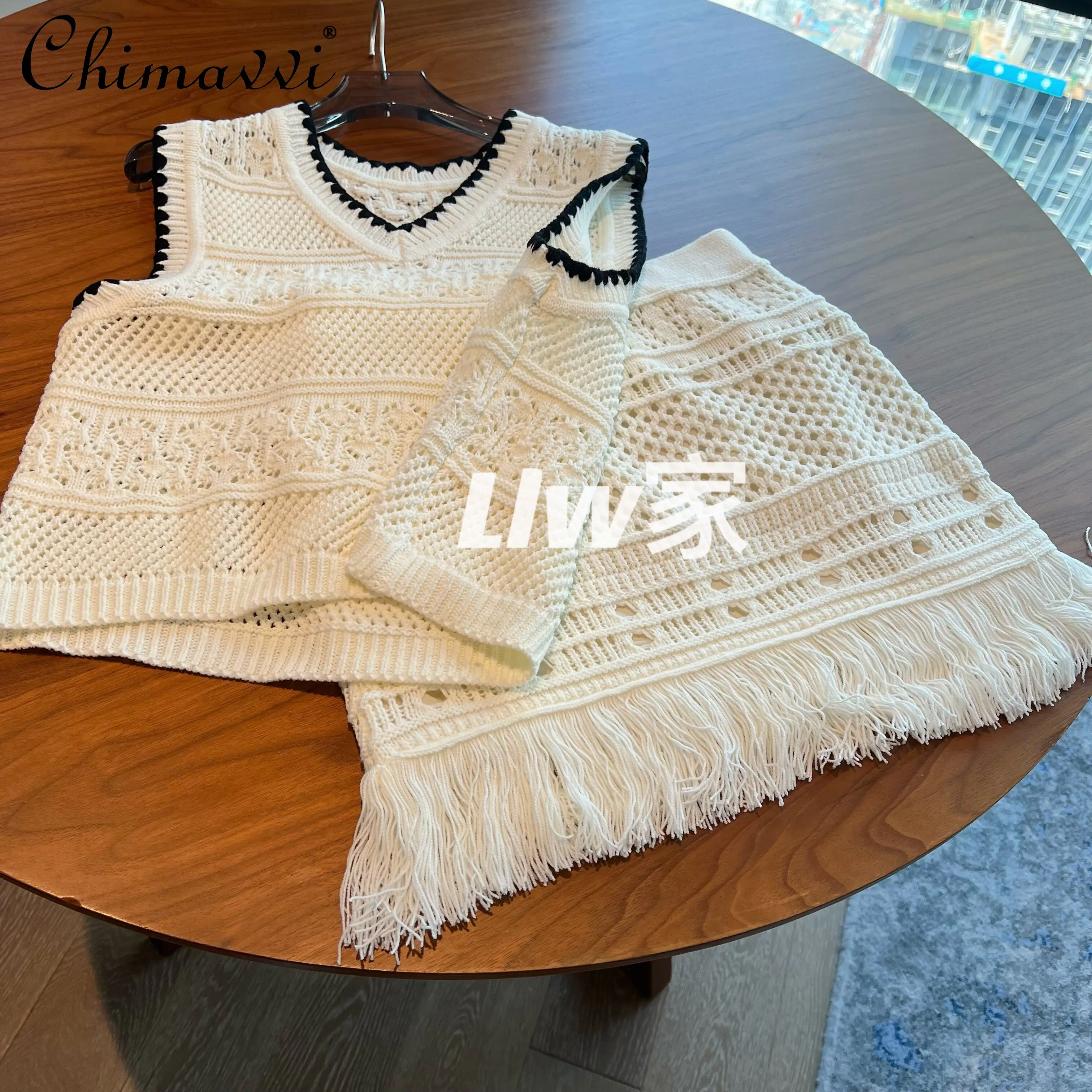 

High-End Two-Piece Fashion Slim Fit Elegance Sleeveless Vest High Waist Slim Skirt 2022 Summer New Heavy Women's Knitting Suit