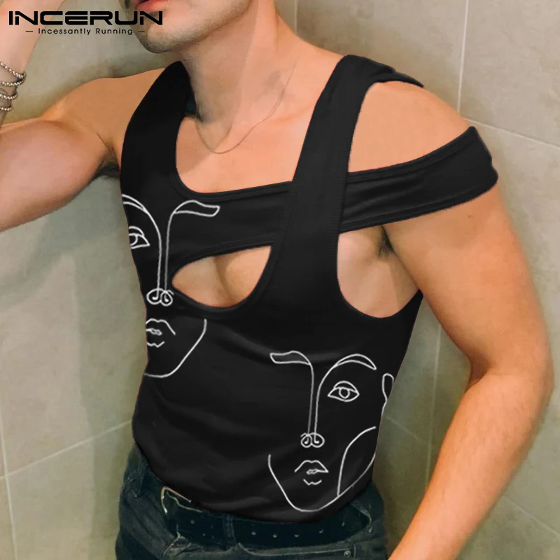 

INCERUN Men Tank Tops Printed Sleeveless Hollow Out Sexy Streetwear Casual Irregular Vests Men 2022 Fashion Fitness Tops S-5XL