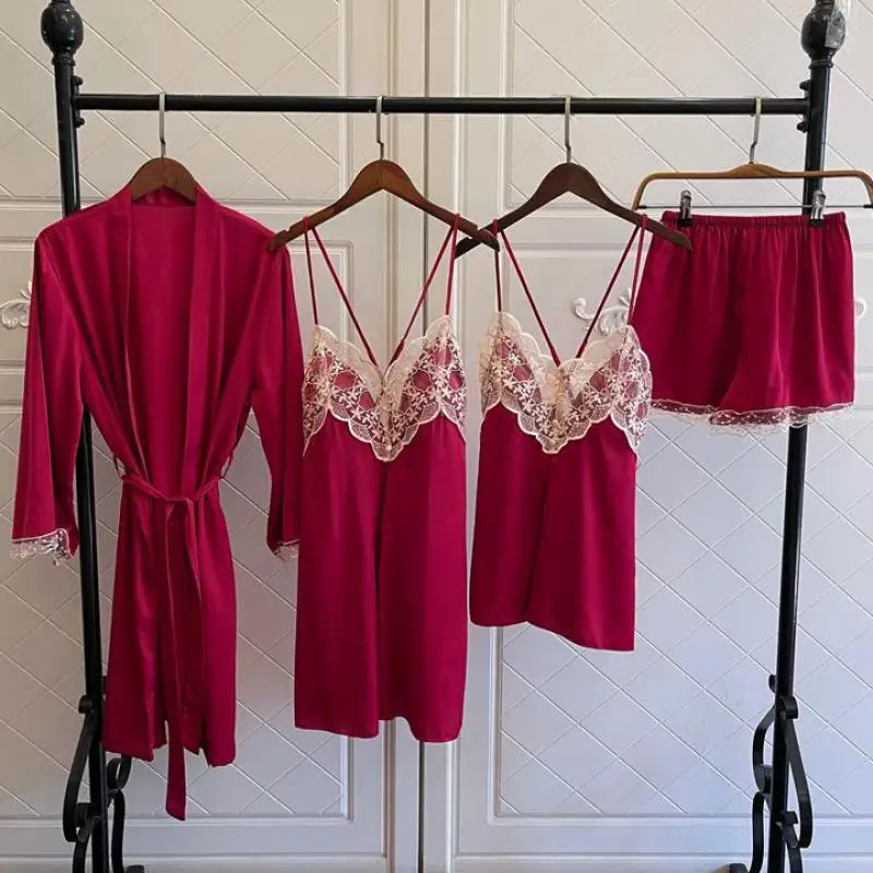

Кружевной пижамный комплект бордового цвета, Женская атласная пижама с V-образным вырезом, соблазнительный костюм из 4 предметов, летняя новая Пижама для отдыха