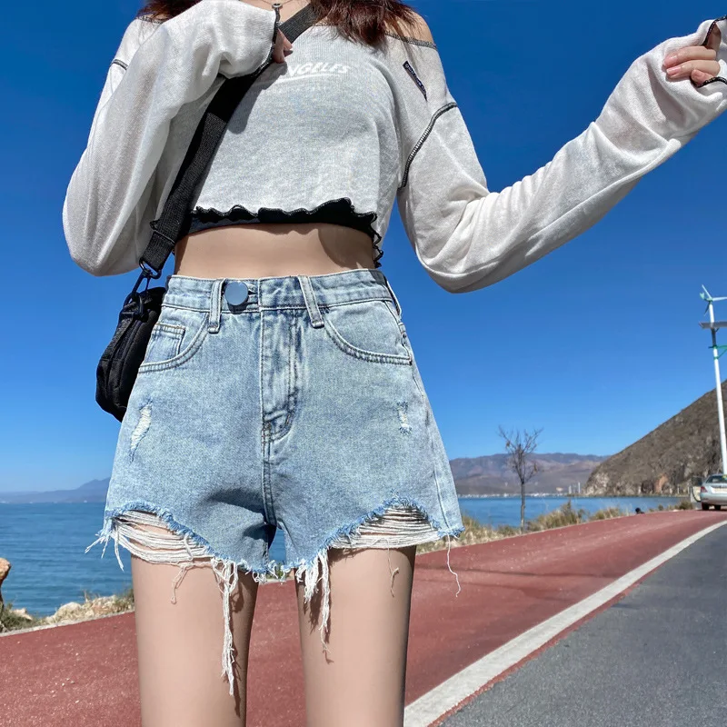Women Casual Ripped Hole Denim Shorts Girls Summer Loose High Waist Jeans Shorts All-match Fashion Ladies Outdoor Hot Pants