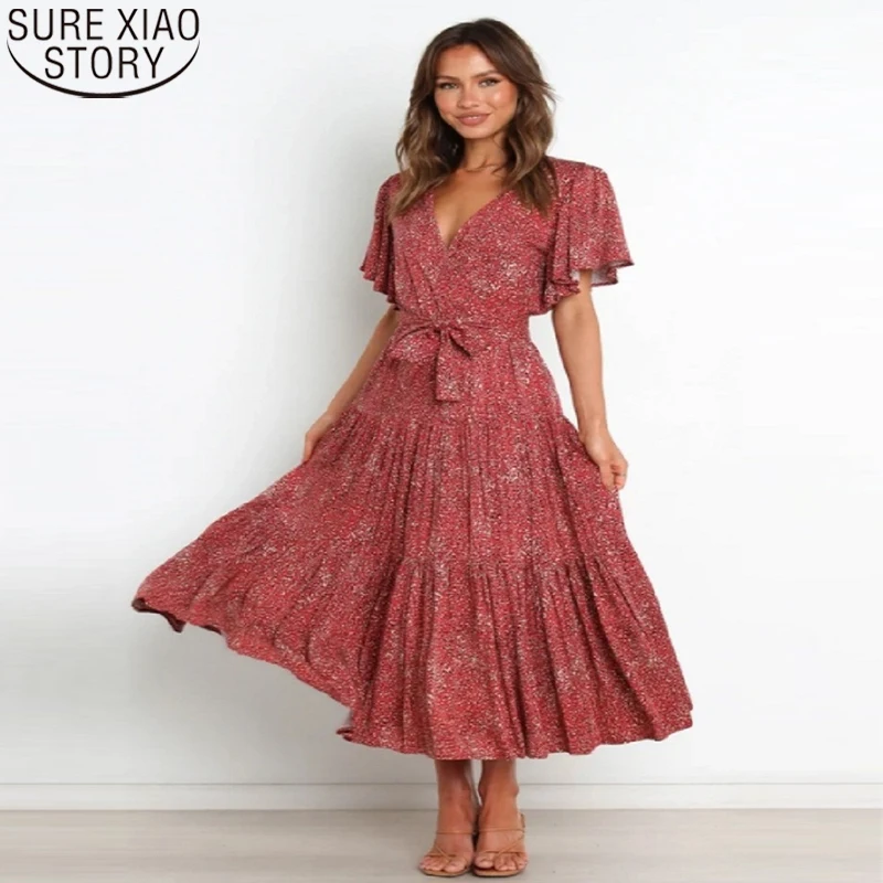 

Женское винтажное платье с цветочным принтом, длинное ТРАПЕЦИЕВИДНОЕ ПЛАТЬЕ С Коротким Рукавом, высокой талией и V-образным вырезом, на шнур...