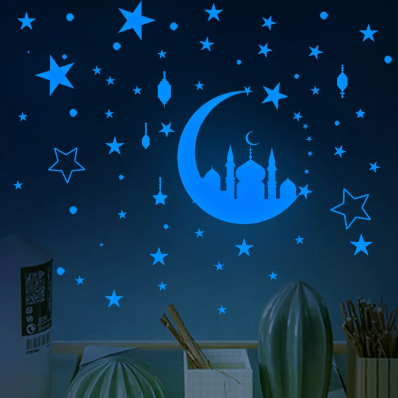 

Eid Mubarak, звезда и луна, стикер ночного свечения 2023, Slamic, мусульманский Рамадан, Mubarak, наклейка на стену, Eid Al-Fitr, подарок