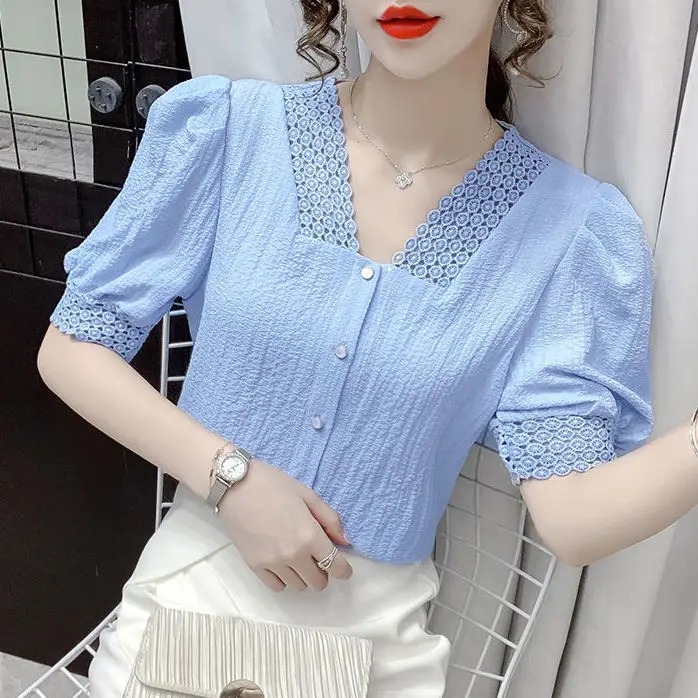 

Hollow Lace V-neck Bottoming Shirt Women's Summer Thin Short Sleeve French Sweet Chiffon Blouse Top 3XL