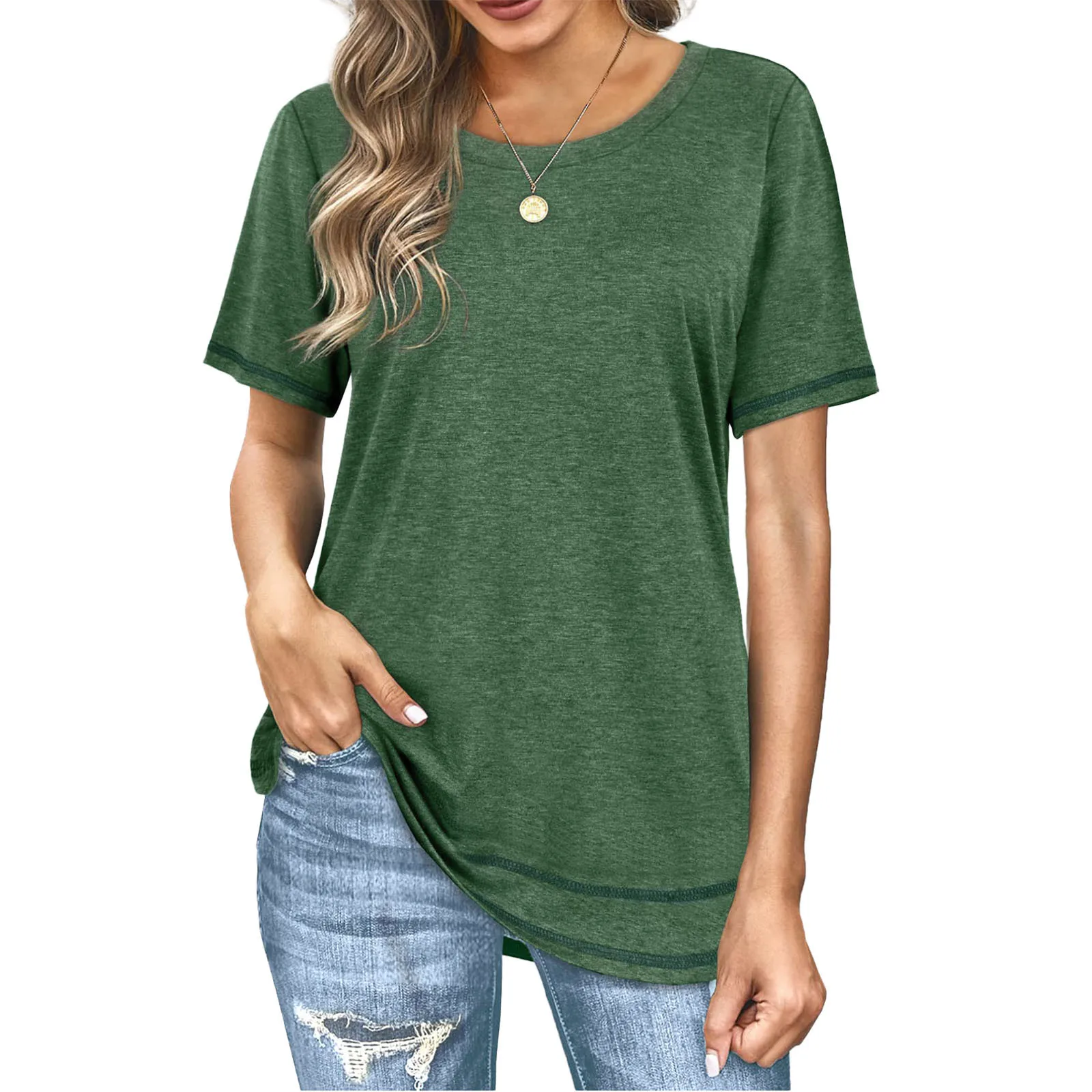 

Женская Повседневная Однотонная футболка с круглым вырезом и коротким рукавом