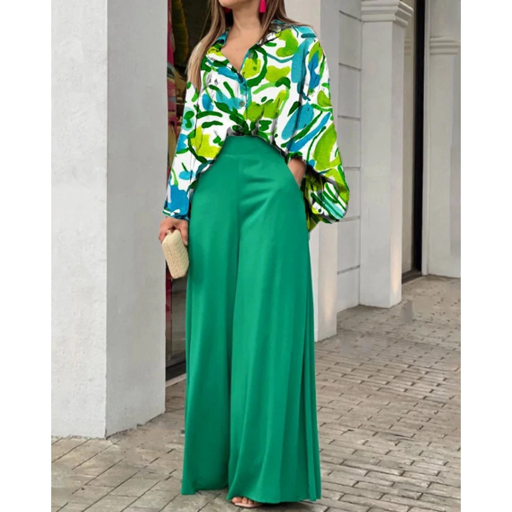 2023 Casual New Women Floral Print Long Sleeve Shirts Top & High Waist Wide Leg Pants Sets Oversized 2 Pieces Woman Summer