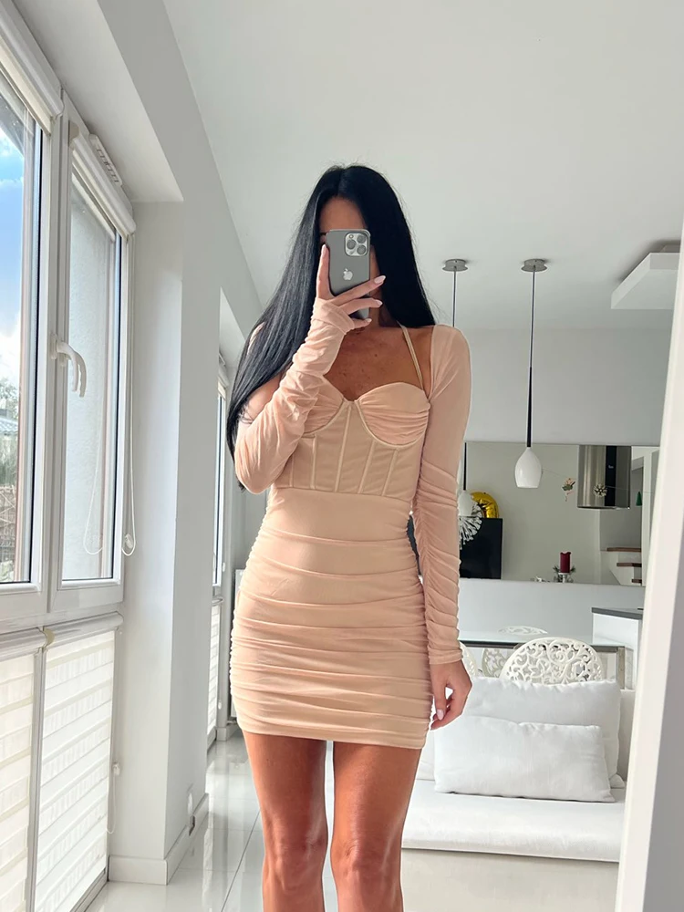 

High Quality Autumn Long Sleeve Bodycon Dress Sexy 2022 New Arrivals Mini Mesh Dress Halter Boning Corset Dress Club Dress