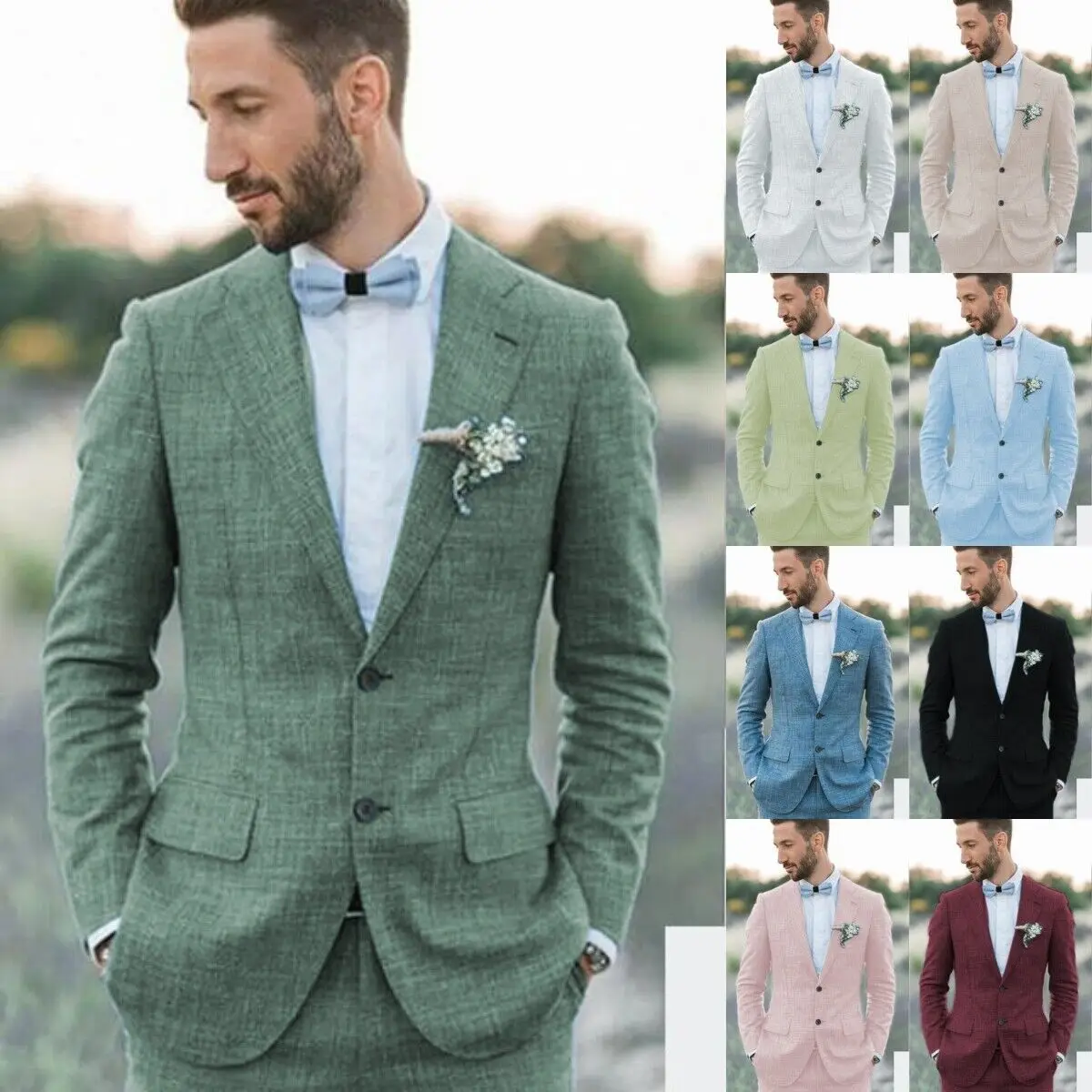 Мужские льняные костюмы пиджаки брюки комплект из 2 предметов формальные