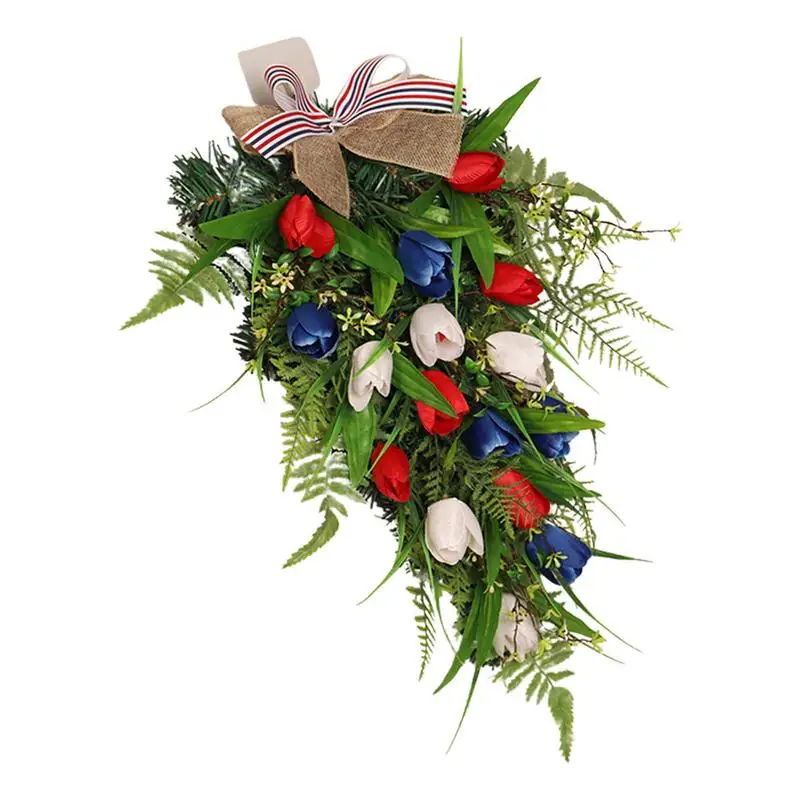 

4th Of July Door Wreath Patriotic Americana Wreath Spring Colorful Garland For Memorial Day Artificial Tulip Wreath Blossoms For