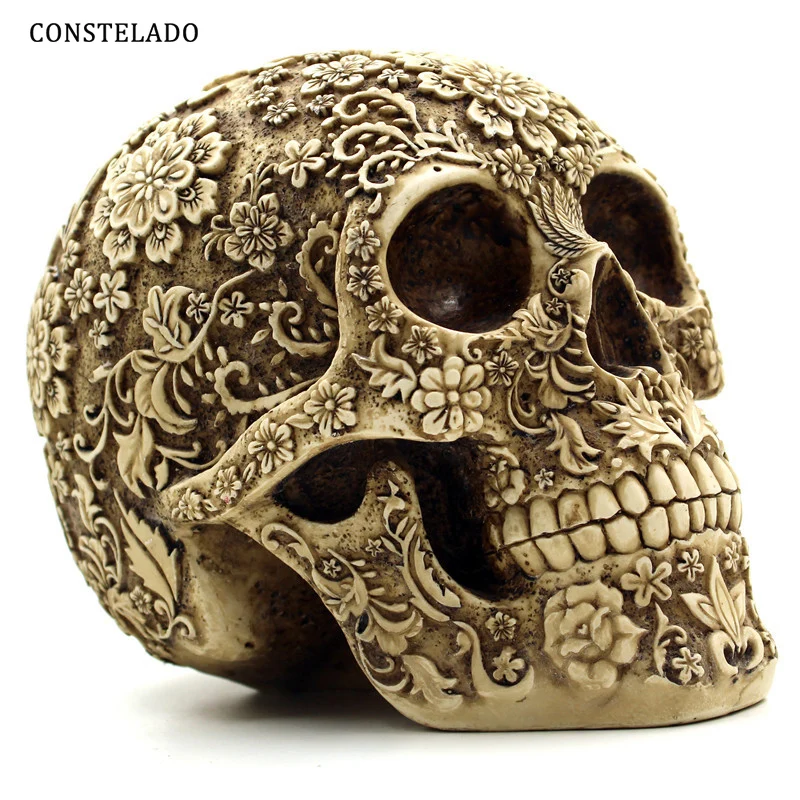 

Resin Statue Creative Tattoo Skull Head Figurines Halloween Skull Model Sculpture Ornaments Living Room Skeleton Head Decoration