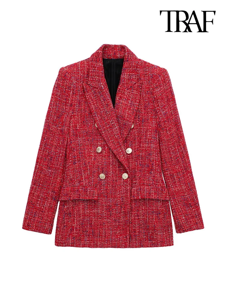 

TRAF Women Fashion Tweed Double Breasted Blazer Coat Vintage Long Sleeve Flap Pockets Female Outerwear Chic Veste Femme