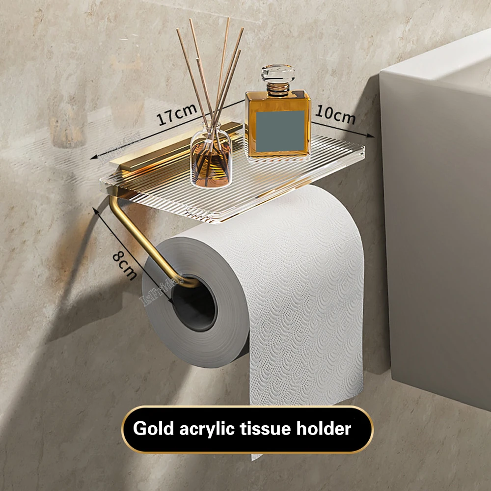 

Luxury Gold Toilet Paper Holder with Shelf No Punching Acrylic Roll Paper Holder Tissue Hanger Bathroom Accessories