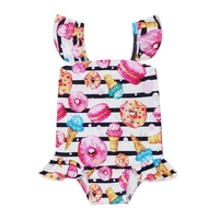 girls swimsuit stripe donut print ruffle trim fly sleeve backless baby toddler kid girl bodysuit swimwear