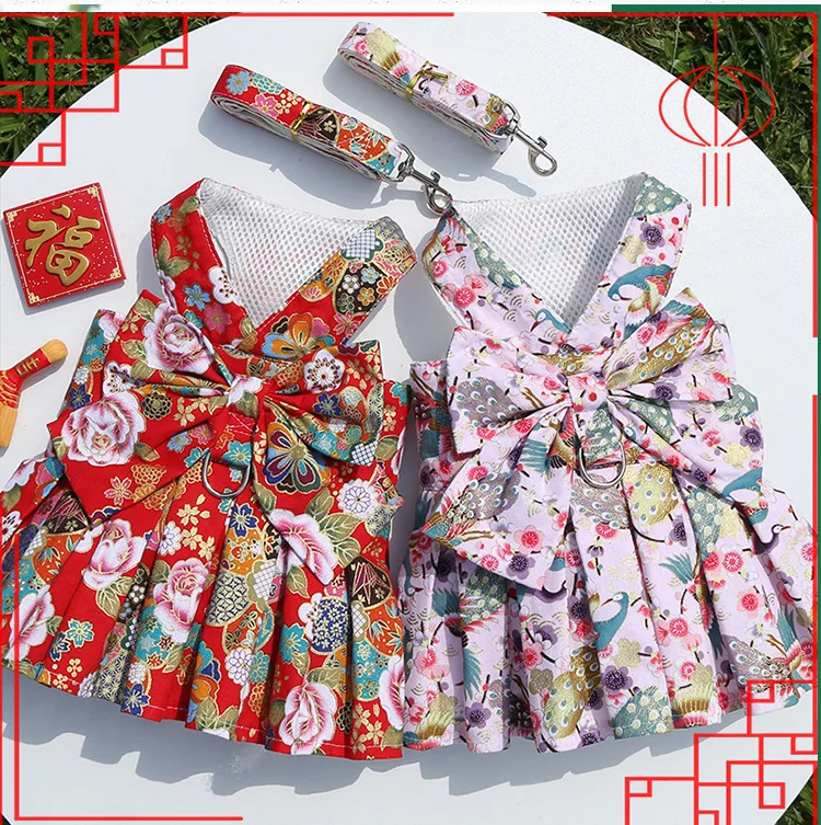 

2022 New Pet Dog Harness and Leash Vest Breathable Checked Bowknot Cat Dress Teddy Bichon Dog Clothes Spring and Summer Outdoor