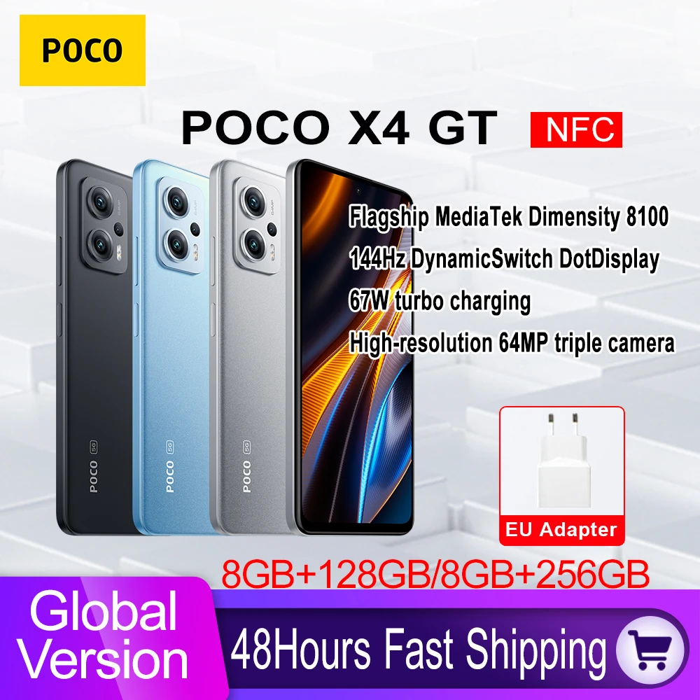 Global Version POCO X4 GT 5G Smartphone 128GB/256GB Dimensity 8100 64MP Triple Camera 144Hz Dynamic Switch Display 67W Charging