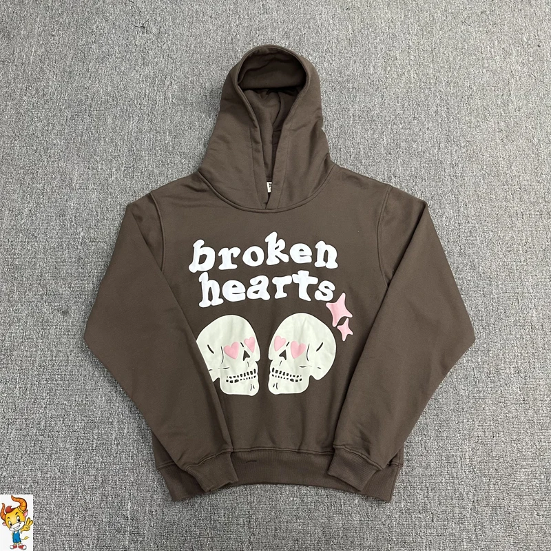 

Brown Broken Heart Hoodie Double Skulls Foam Print Sweatshirts Men Women Couple Sweatshirts Broken Planet Pullover