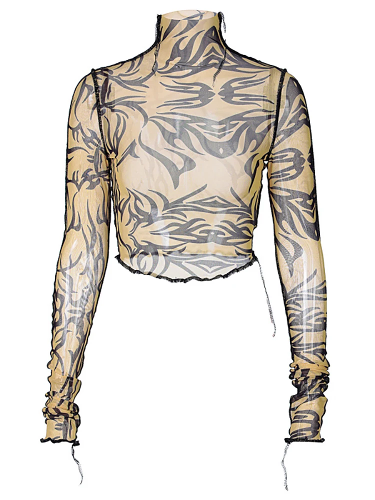 Goth Dark Punk Gothic Mesh Women T-Shirts Grunge Hip Hop Print Long Sleeve Turtleneck Crop Tops Sexy See Through Streetwear 2021