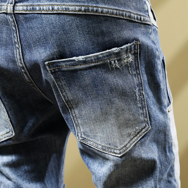 High Street Fashion Men Jeans Retro Blue Elastic Slim Fit Spliced Ripped Jeans Men Patchwork Designer Hip Hop Denim Pants Hombre