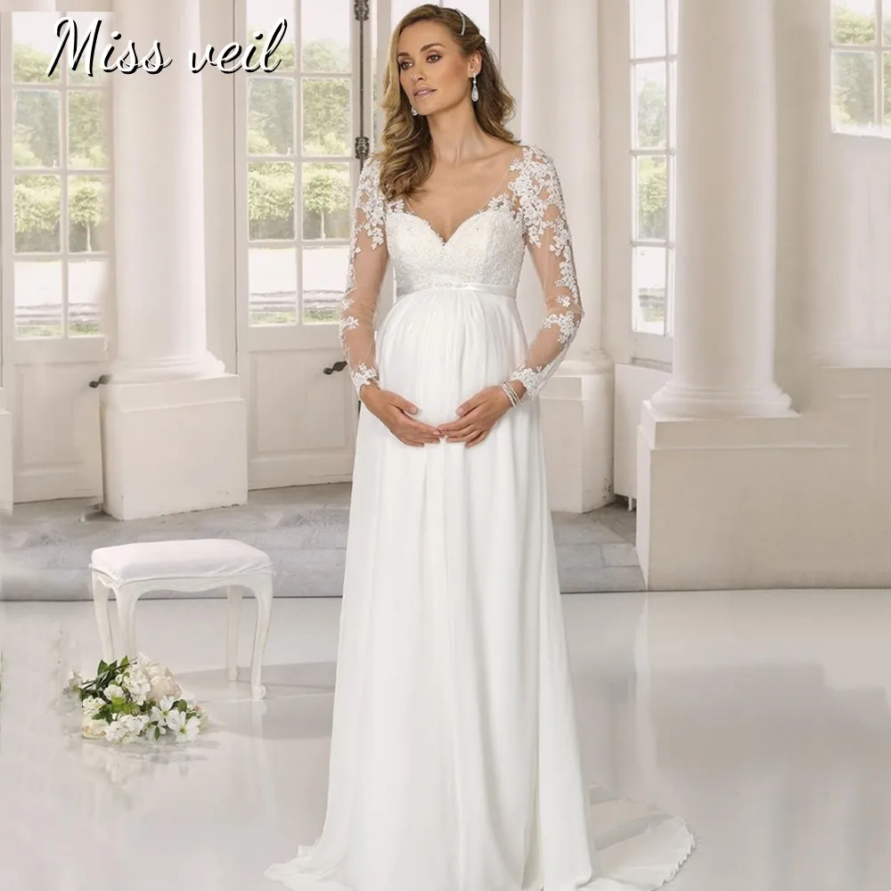 

Miss veil V-Neck Wedding Dress Long Sleeve Lace Appliques Modern A-Line Bridal Gown Button Zipper Sweep Train Vestido De Novia