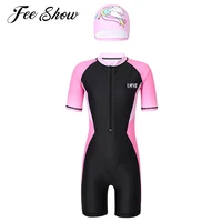 kids girls one piece rush guards swimsuits short sleeves front zipper colorblock swimming rashguard jumpsuit swimwear with a hat